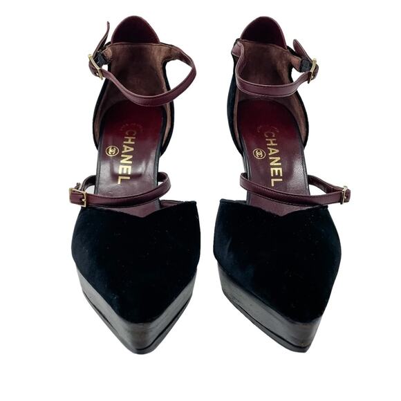 Chanel Vintage Point Toe d’Orsay Velvet & Wood Platform High Heels size 38/US 7 - Picture 4 of 14